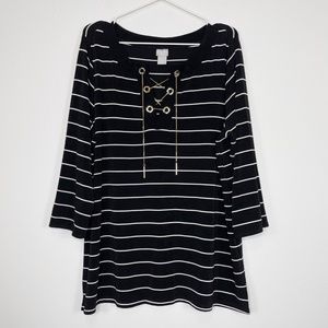 Chico's Travelers Slinky Striped Gold Chain Lace-Up Tunic Top
